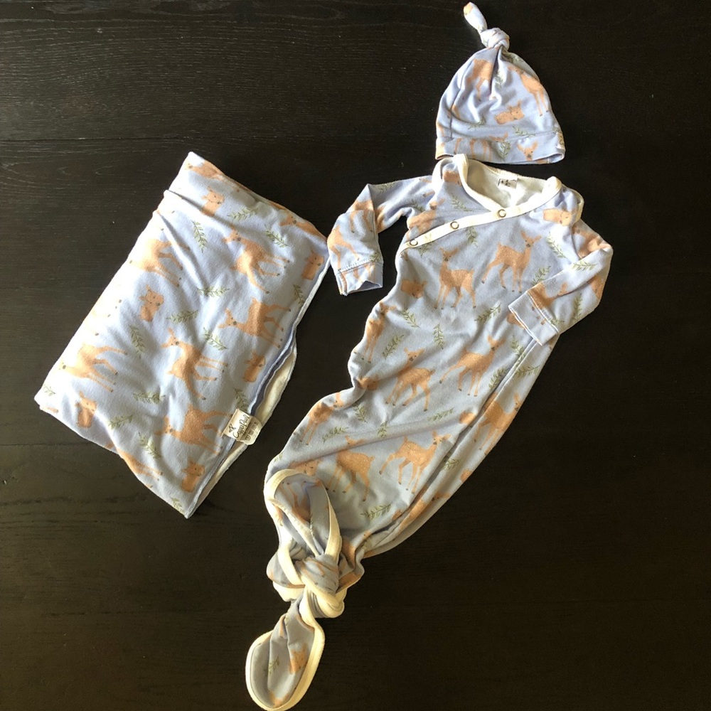 Copper pearl newborn gown, swaddle and hat